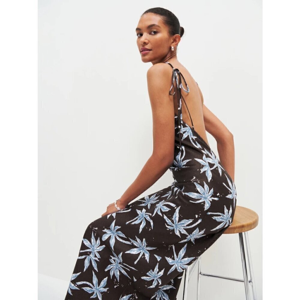 💕REFORMATION💕 Selia Linen Halter Maxi Dress ~ Date Palm Leaf Print Large L NWT